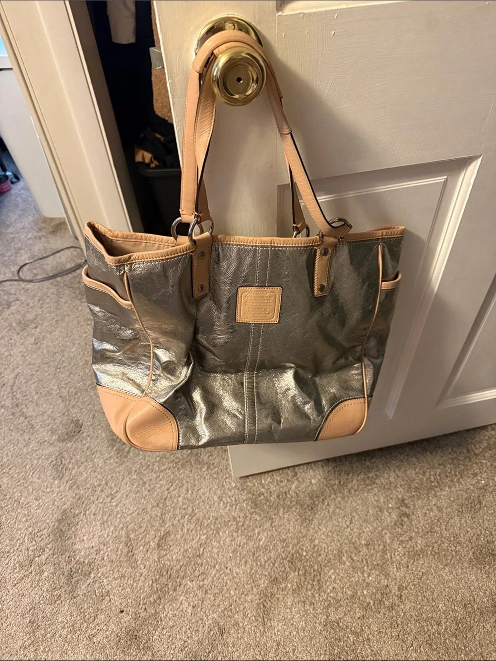 Coach Metallic Gray and Tan Leather-Trim Tote